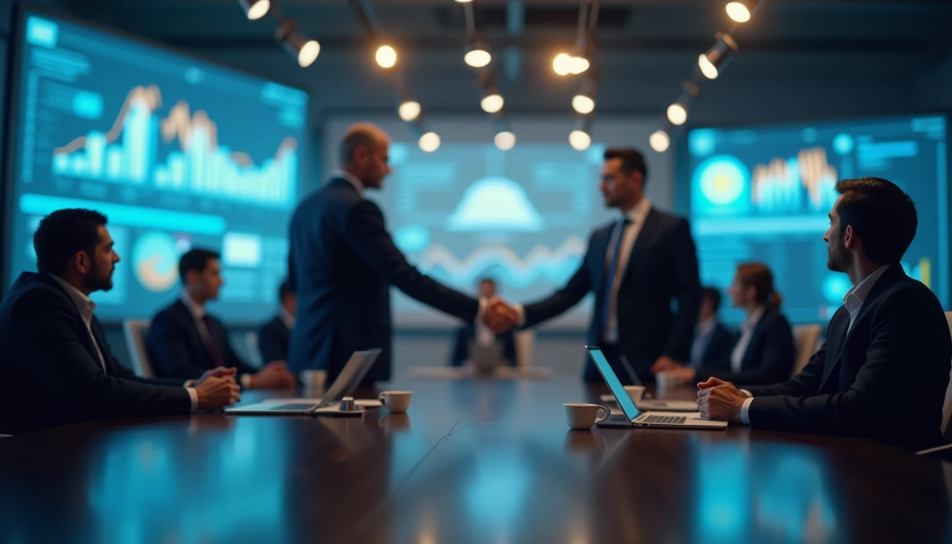 Erfolgreiche Geschäftsleute in Konferenzraum mit digitalen Displays, Erfolgsmetriken auf Bildschirmen sichtbar, professionelle Atmosphäre, Handschlag-Szene