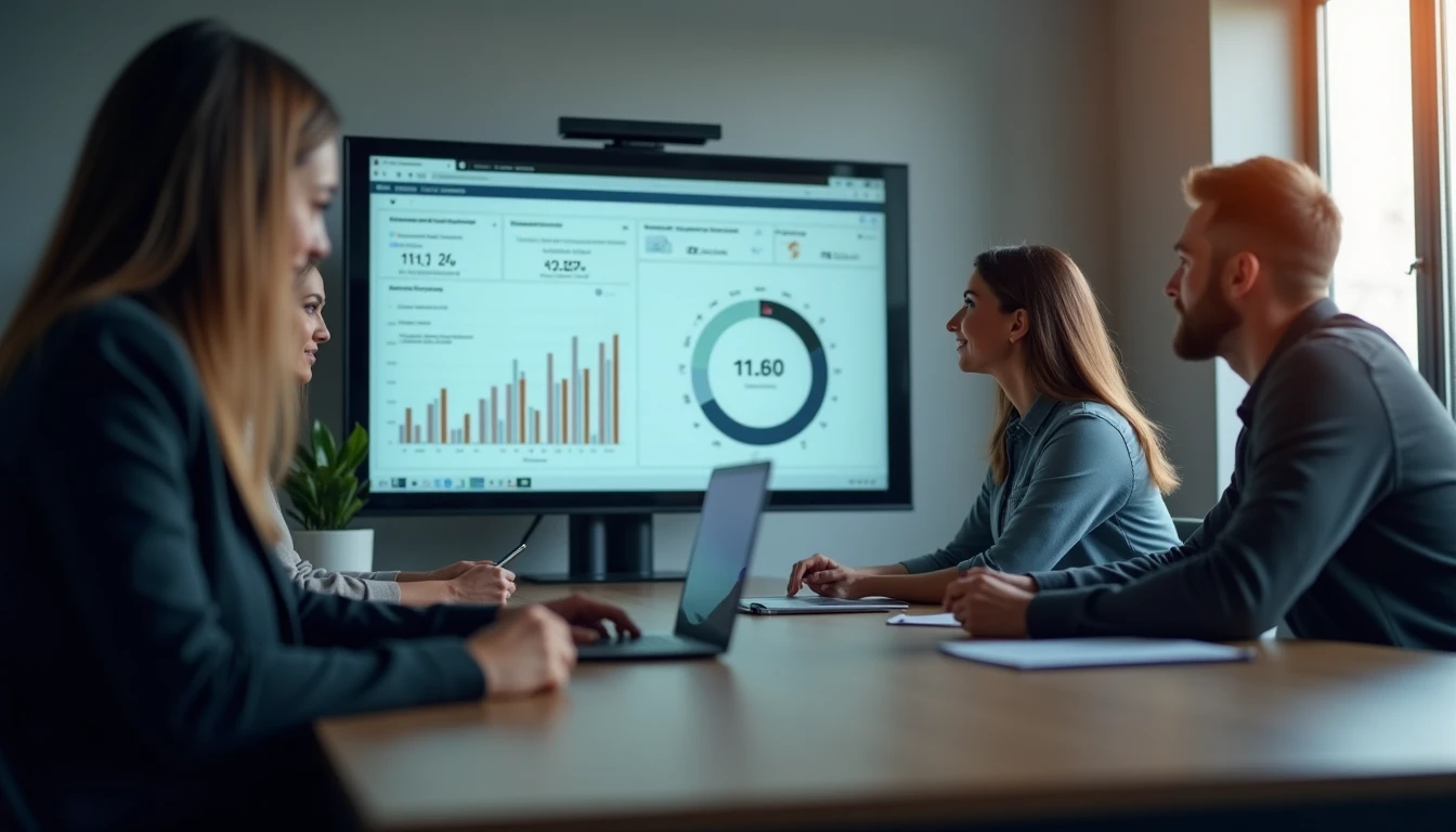 Team betrachtet Dashboard mit Automatisierungs-KPIs, Laptop und Tablet im Einsatz, moderner Meetingraum