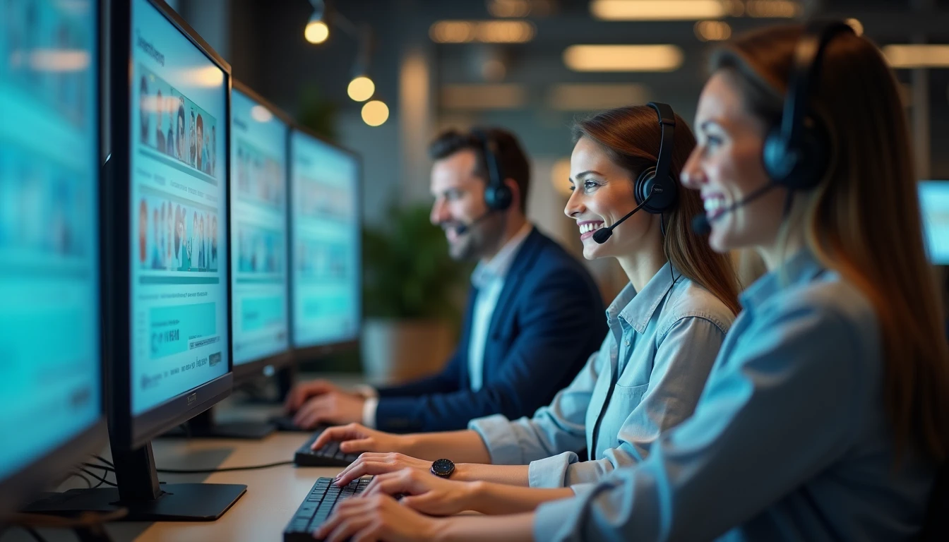 Kundensupport-Team mit zufriedenen Gesichtern, Bildschirme zeigen positive Feedback-Ratings, helle Büroumgebung