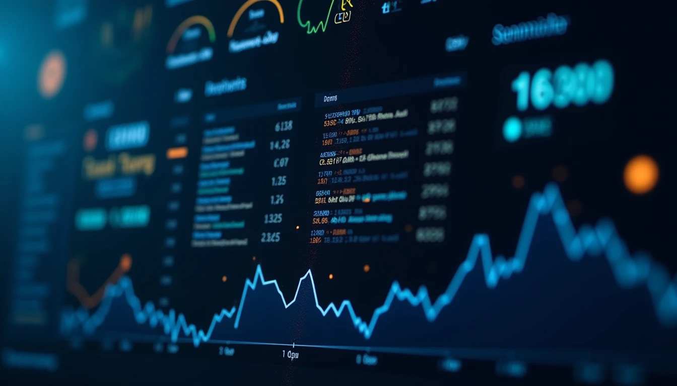 KI-Analyse-Dashboard mit Sentiment-Indikatoren und Textanalyse-Visualisierung, Finanznachrichten werden durch Algorithmen verarbeitet, blaue und goldene Datenströme auf dunklem Terminal-Hintergrund, Machine-Learning-Symbole erkennbar
