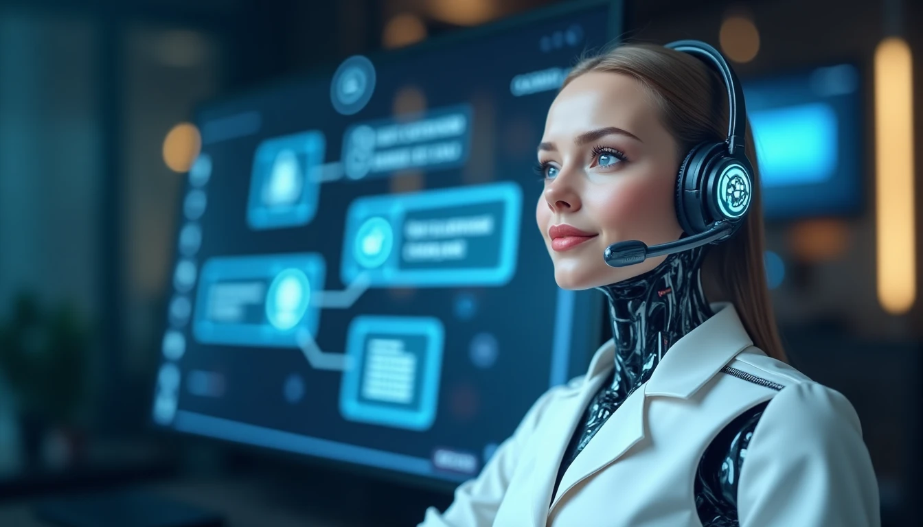 Automatisierter Chat-Support-Interface für Finanzanfragen, stilisierter Bot-Avatar mit Headset-Symbol, Konversationsfenster zeigt Frage-Antwort-Ablauf, moderne Kundenservice-Visualisierung im FinTech-Stil