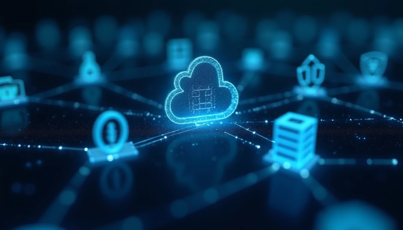 Symbolische Darstellung der OpenAI-Anbindung an Finanz-Datenquellen, API-Verbindungen als leuchtende Linien zwischen verschiedenen Systemen dargestellt, Cloud-Integration-Symbole und Datenbank-Icons im Netzwerk