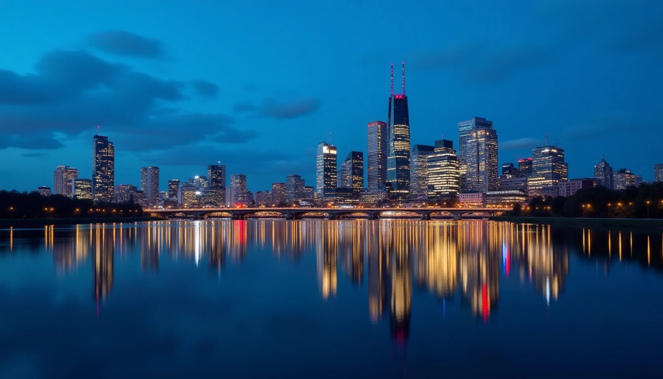 Beeindruckende Frankfurt Skyline bei Nacht mit beleuchteten Bankentürmen und Wolkenkratzern, Spiegelung im Main-Fluss, professionelle Stadtansicht die das Finanzzentrum Deutschlands repräsentiert, blaue Stunde Fotografie-Stil