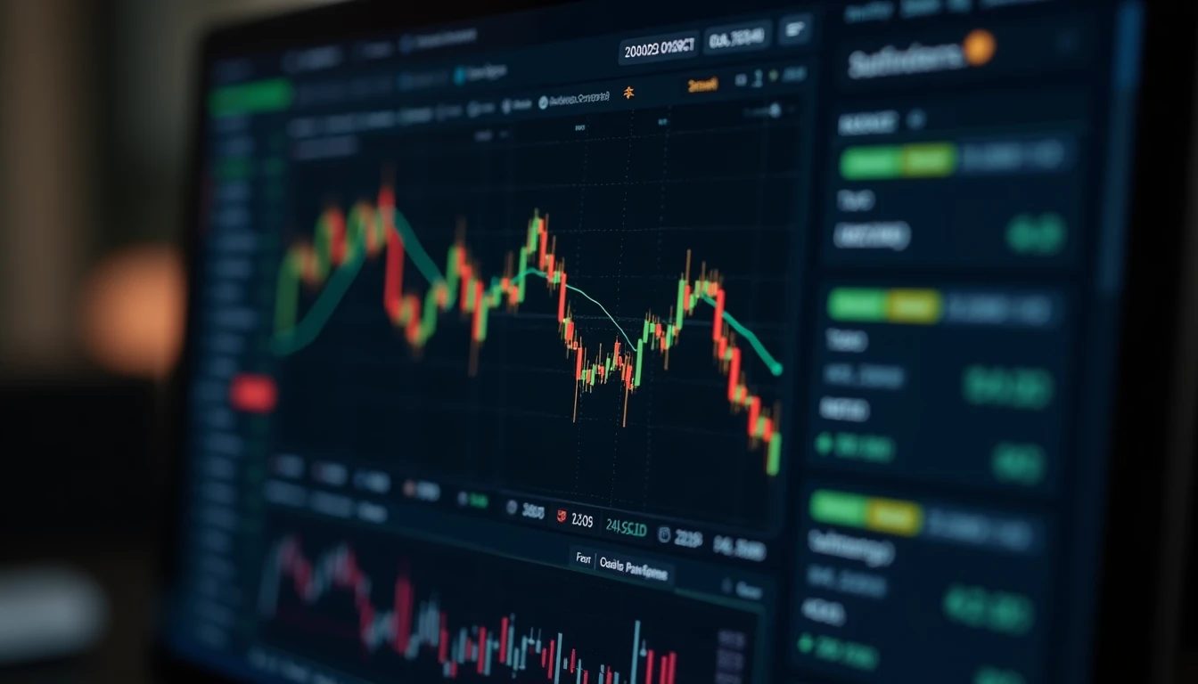 Professionelles Finanz-Terminal Interface mit mehreren nebeneinander angeordneten Daten-Panels, Kerzen-Charts und Echtzeit-Ticker in verschiedenen Fensterabschnitten, dunkler Hintergrund mit goldenen und grünen Akzenten auf den Indikatoren, typisches Trading-Dashboard Design mit Navigationsleisten und Statusanzeigen, hochauflösende Darstellung einer Finanzarbeitsstation
