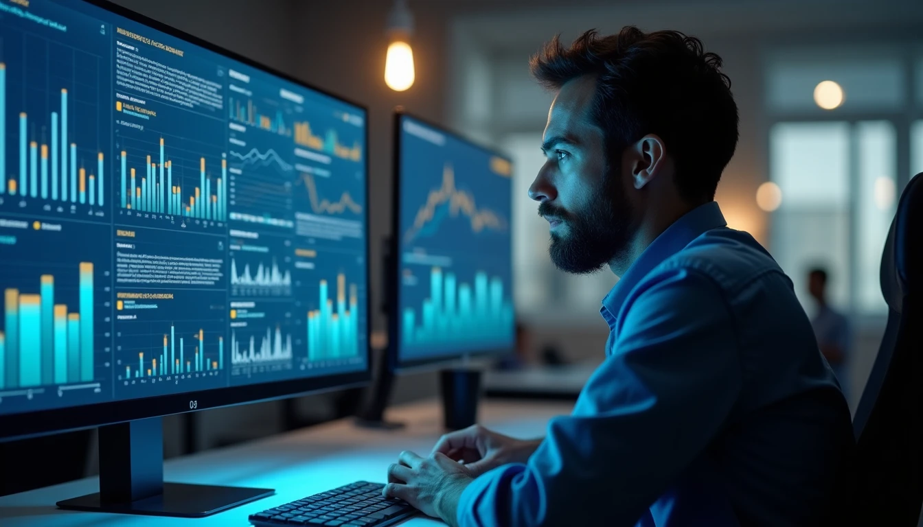 Business-Analyst betrachtet komplexe Datenvisualisierungen auf Ultra-Wide Monitor, Tabellen und Graphen sichtbar, moderne Büroumgebung mit gedämpftem Licht, konzentrierte Arbeitsatmosphäre