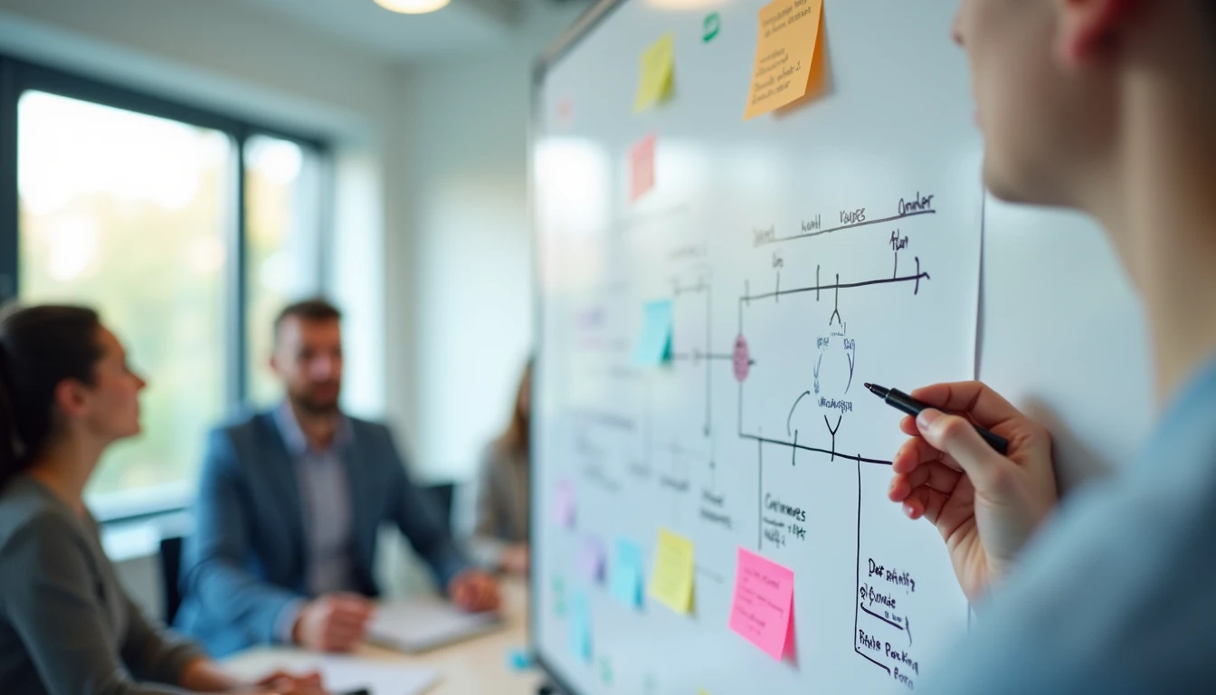 Whiteboard mit Flussdiagramm einer n8n-Pipeline, Team-Meeting im Hintergrund erkennbar, Post-Its und Marker, kollaborative Planungsszene