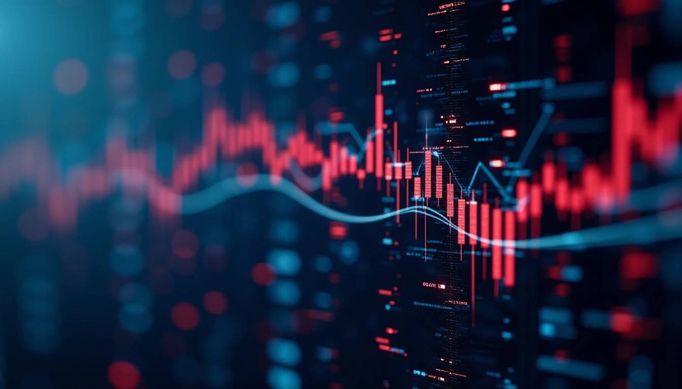Abstrakte Visualisierung von Algorithmen die Börsendaten verarbeiten, Zahlenströme und mathematische Symbole, Matrix-artiger Hintergrund in Blautönen
