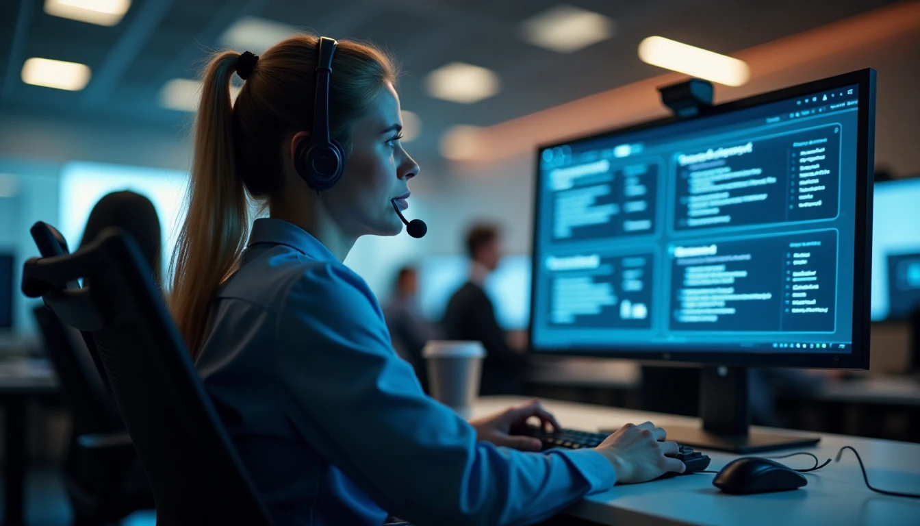 Callcenter-Agent mit KI-Unterstützung, Bildschirm zeigt Vorschläge eines virtuellen Assistenten, moderne Arbeitsumgebung